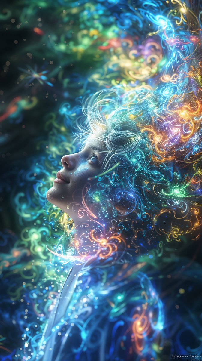 Swirls of color in her cosmic mane, 
a portrait of joy, free from pain. 
With every curl, a starry train, 
her dreams the universe contain.

#midjourneyV6
