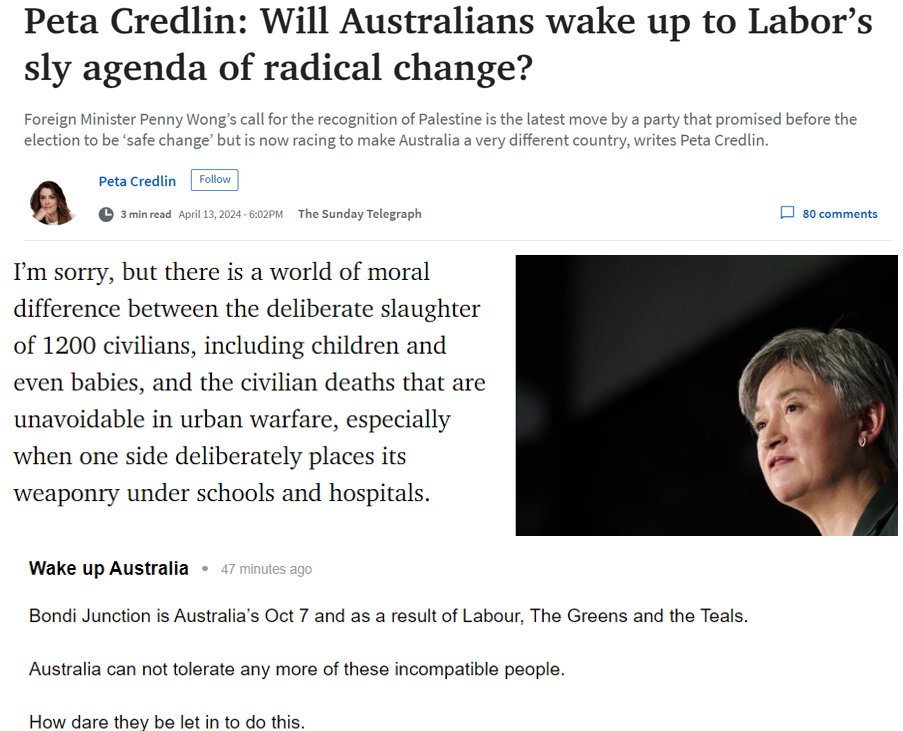 Within hours of the #BondiJunction attack Peta Credlin has posted a race baiting article stoking fear of migrants 'the fact so many Australians of Middle Eastern background seem to favour Hamas over Israel suggests a serious failure of integration'. 
#MurdochGutterMedia