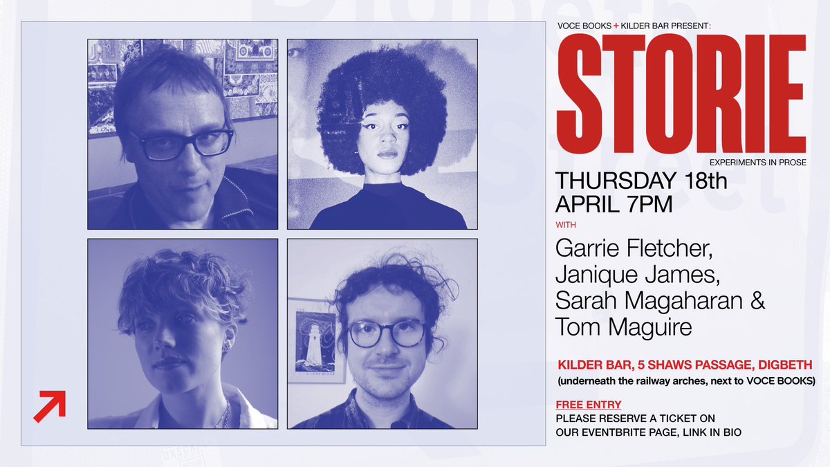 🗣️ Don’t miss the April edition of STORIE this coming Thursday @Kilder_Bar with new prose experiments from Birmingham-based writers @Fletchski @sazlizmagaz @TMaguireWrite & a live set from singer/songwriter Janique James 🎟️ Tickets free to reserve from the link in our bio