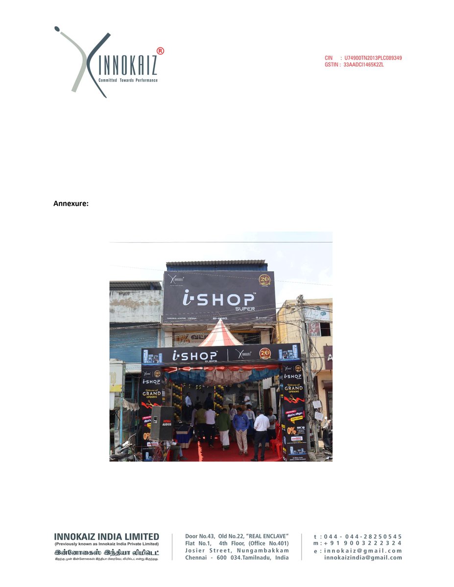 nileshkurhade's tweet image. 📌 Innokaiz India Limited informed the exchange about launching its 6th Retail Electronics Showroom under the brand name (I-SHOP super) at Thirumullaivoyal, Chennai. #SME #INNOKAIZ 🛍️🏬
