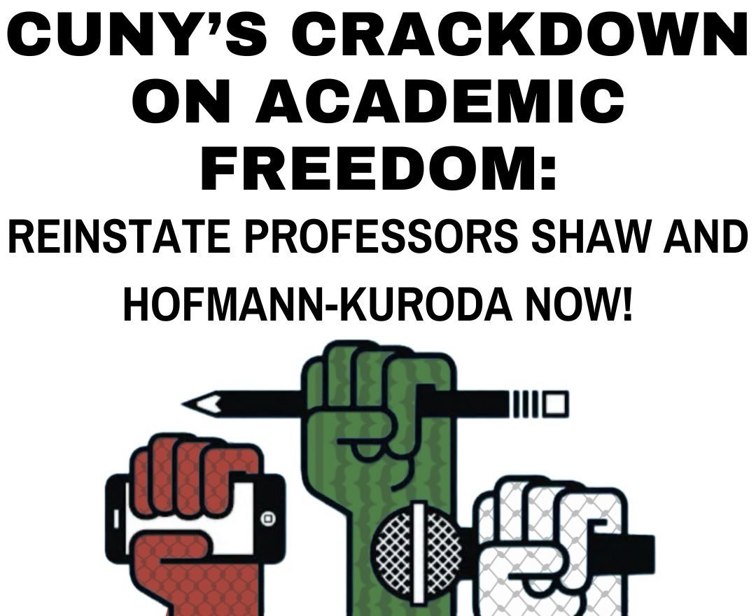 Brazil's free speech and labor laws would never permit a college professor to be fired for showing solidarity with Palestine, yet in the land of the 1st Amendment, City University of NY has fired two of them for that reason. Solidarity w/ Lisa Hoffmann-Kuroda and @profdannyshaw