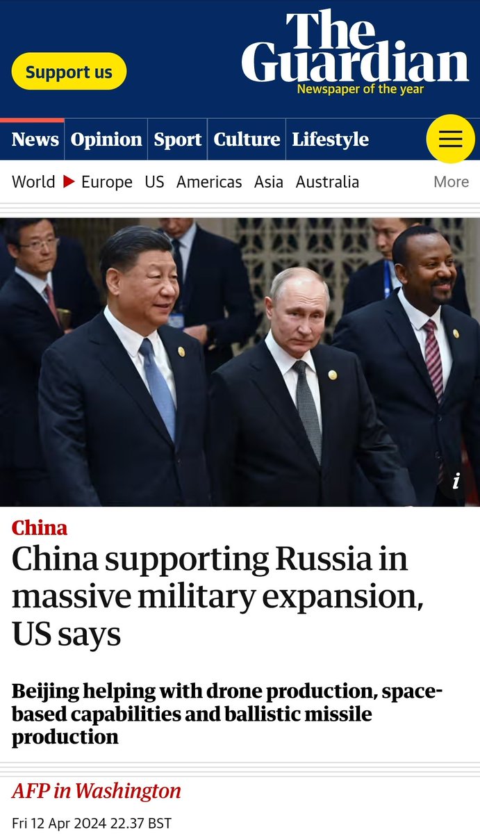 China is supporting Russia in massive military expansion, US says. Beijing is helping with drone production, space-based capabilities, and ballistic missile production. The three old imperialist powers, Russia, China, and Iran, are joining together in a fascist axis. All three…