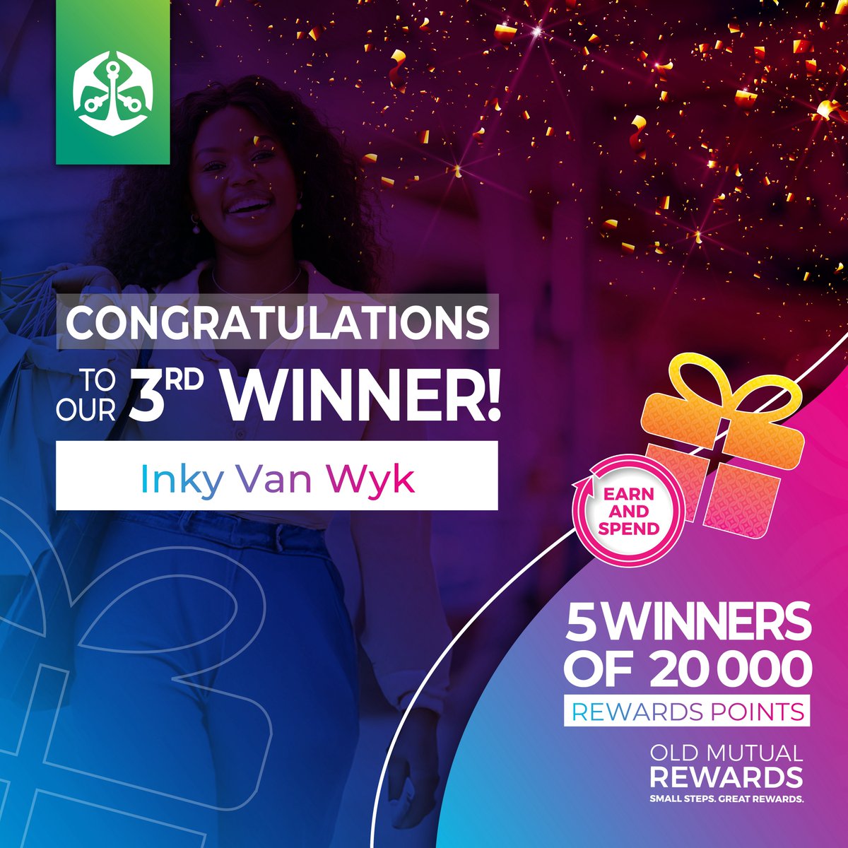 🥳 Big cheers to our third winner of 20 000 rewards points! 🌟 Your decision to sign up for Old Mutual Rewards has just made your day a whole lot brighter! ☀️ Keep shining and watch out for details on how to collect your prize. #RewardsJourney #LuckyWinner