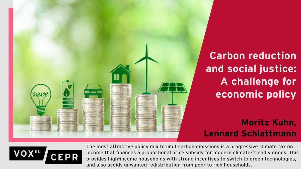 The most attractive policy mix to limit carbon emissions is a progressive climate tax on income that finances a proportional price subsidy for modern climate-friendly goods. @kuhnmo #UniMannheim @EconUniMannheim @ECON_tribute, Lennard Schlattmann @UniBonn ow.ly/We7P50RcRQf