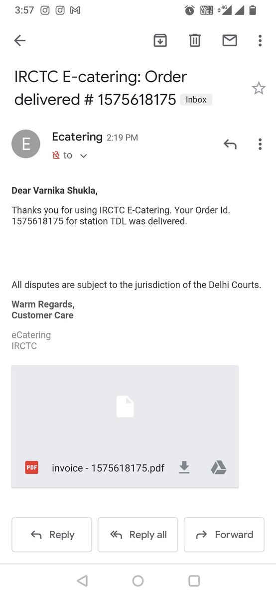VarnikaShukla's tweet photo. Another lie. Order wasn't delivered but here I have received a mail saying it's delivered. Shame Shame! @IRCTCofficial @RailMinIndia @eCateringIRCTC @AshwiniVaishnaw @PMOIndia https://t.co/HXSNR3Zx4p