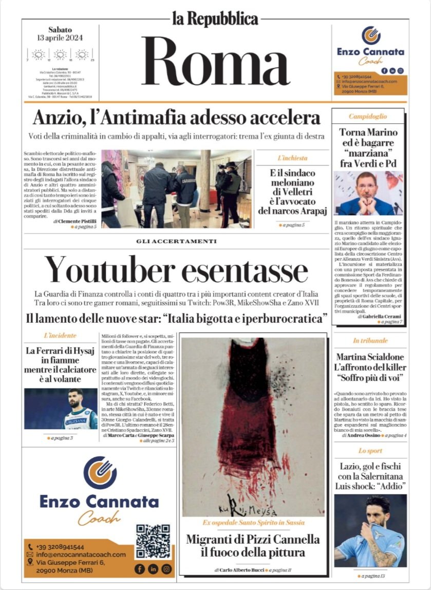 📰 LA PRIMA PAGINA DI REPUBBLICA EDIZIONE ROMA #Anzio, l'Antimafia adesso accelera Voti della criminalità in cambio di appalti, via agli interrogatori: trema l'ex giunta di destra GLI ACCERTAMENTI Youtuber esentasse La Guardia di Finanza controlla i conti di quattro tra i…