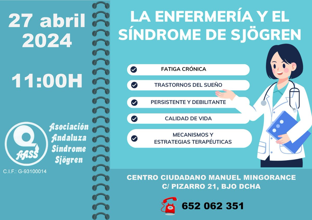AasSjogren's tweet photo. La importancia de los cuidados terapéuticos de la mano de la Enfermería será uno de los puntos a tratar el próximo 🔜 27 de abril en Málaga.
Aforo limitado, inscríbete pronto! 
@aesjogren @ConsejosReumato @FEDER_ONG 
@AAutoinmunes 
@sjo https://t.co/2AlxuI9CVp
