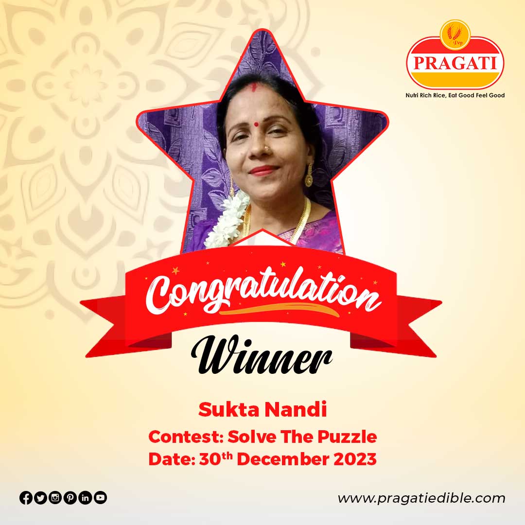 We are happy to announce the #Winner of 𝗦𝗼𝗹𝘃𝗲 𝗧𝗵𝗲 𝗣𝘂𝘇𝘇𝗹𝗲 #Contest. Congratulations 𝓢𝓾𝓴𝓽𝓪 𝓝𝓪𝓷𝓭𝓲! 

Contest: instagram.com/p/C1eI1THLj1s/

#PragatiRice #ContestWinner #ContestAlert #ContestTime #Giveaway #PrizeDraw #LuckyWinner #ContestPrize #PrizeGiveaway