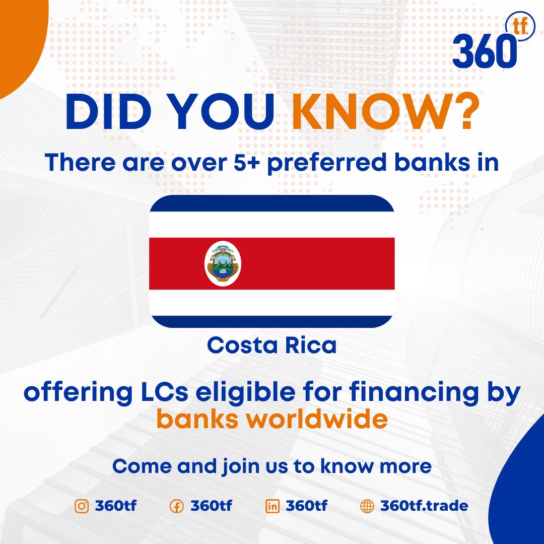360tf has launched TradeBank Connect a program offering seamless financing options through a curated list of 2000+ LC issuing preferred banks from 190+ countries across the globe. 

#TradeFinance #LC #Fintech #NewProduct #BankingSolutions #360tf #CostaRica #360tfTradeBankconnect
