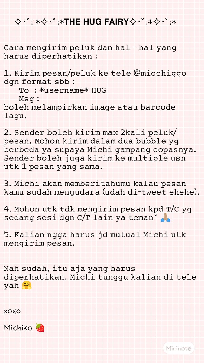 RTs are appreciated 🙏🏼💕

Good evening rentlings! 
Malem ini Michi adain lagi nih 𝗧𝗵𝗲 𝗛𝘂𝗴 𝗙𝗮𝗶𝗿𝘆 𝗣𝗿𝗼𝗷𝗲𝗰𝘁 di mana kamu bs kirim 𝘱𝘦𝘴𝘢𝘯 𝘢𝘯𝘰𝘯𝘪𝘮 ke warga RW lain dengan cara sbb yahhh :