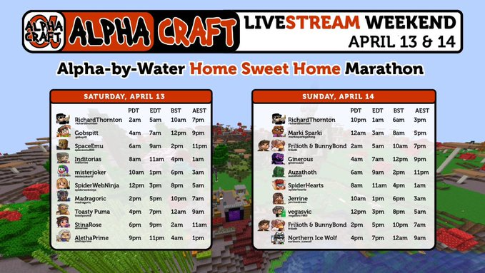 Up next on the AlphaCraft Stream Weekend is <a href="/gobspitt/">Gobspitt Games</a> . Taking over from Richard in 20 minutes.