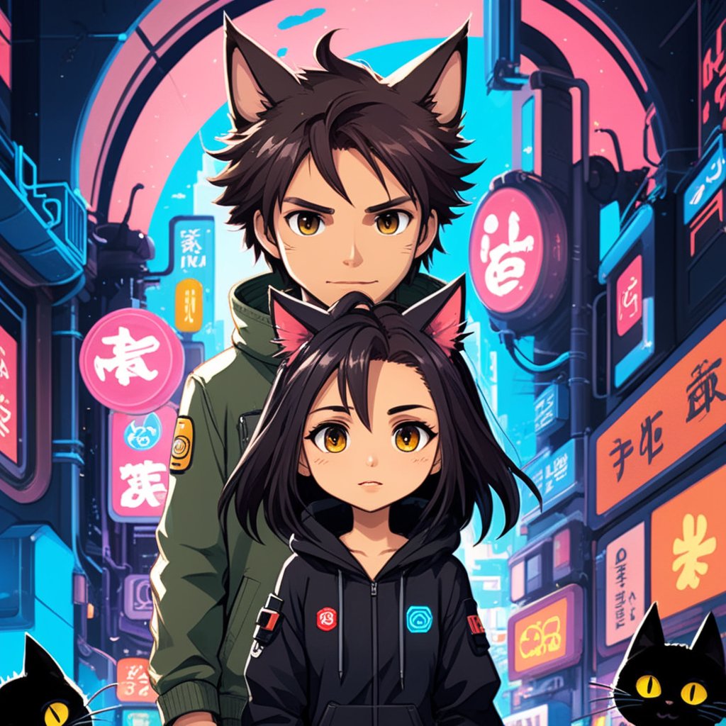 Capture Your Love with a Custom Anime Cat-Eared Couple Portrait! #ChibiCouple #KawaiiCoupleArt #AnimeArtwork #ChibiCommission