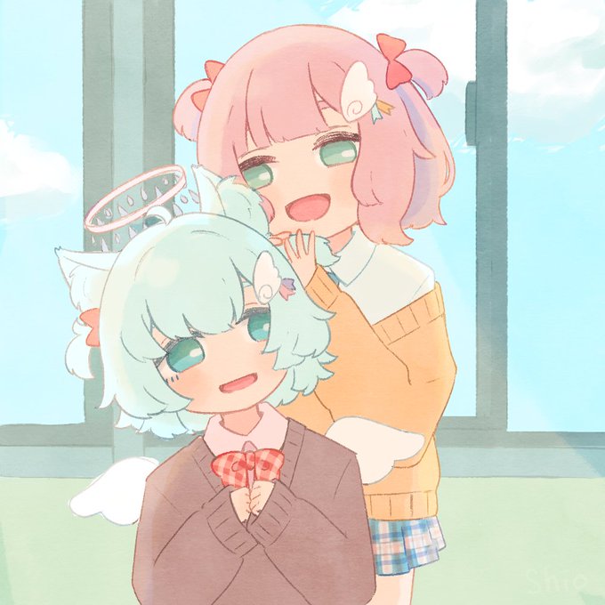 今日の配信で描いたイラストです!!!しおぱぷ学生概念!!!!!!!!!!!!#ぷりんぱぷぇ#しおちゃん考え中 
