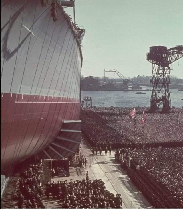 Look at the size of that! Here, the launch of the mighty Tirpitz battleship, Wilhelmshaven, April 1939.