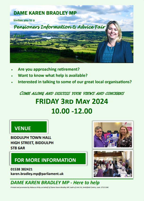 People of #Staffordshire Join us at Dame Karen Bradley MP's Pensioners Information & Advice Fair at Biddulph Town Hall on Friday the 3rd May! See you there!