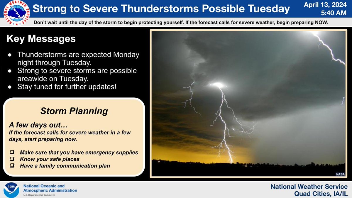 Thunderstorms are expected Monday night through Tuesday. Strong to severe storms remain possible across the entire area on Tuesday. Begin preparing now. Make sure you have emergency supplies. Know your safe places. Have a family communication plan. Stay tuned for updates!
