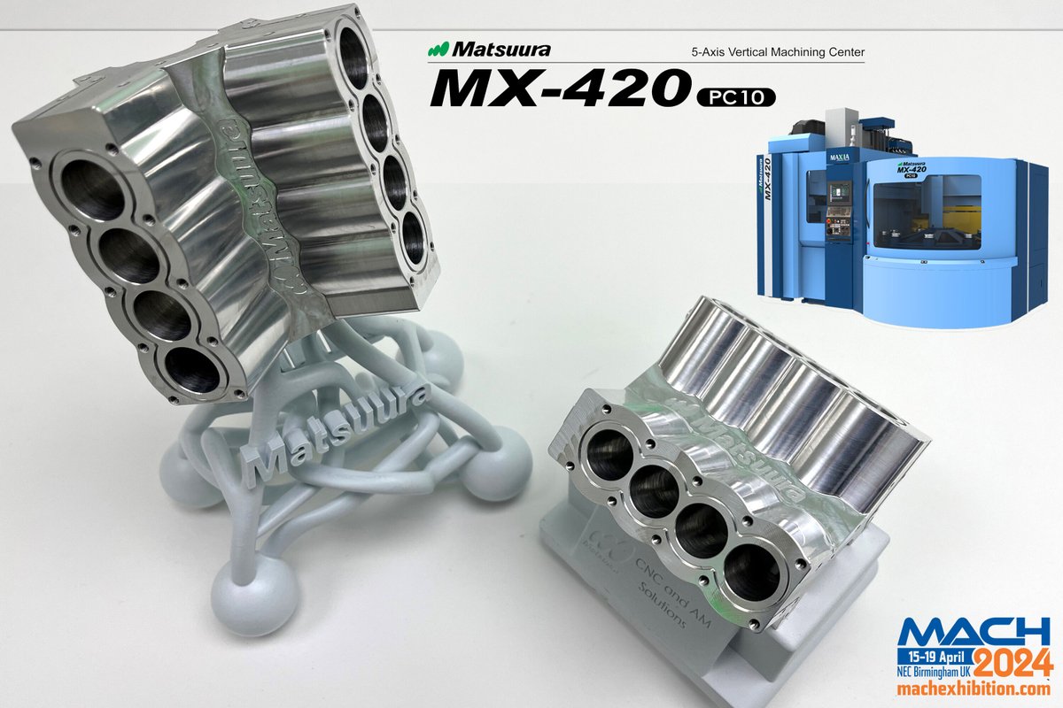 Component of the Day; This is the 5 axis mini-V8 machining demonstration we are cutting at MACH2024 on the 10 pallet, 5 axis MX-420 PC10. As ever, best coffee in show on stands 𝟮𝟬-𝟰𝟰𝟮 𝗮𝗻𝗱 𝟮𝟬-𝟱𝟰𝟮 too. #mach2024 #ukmfg #3dbyhp #dyemansion #additivebymatsuura