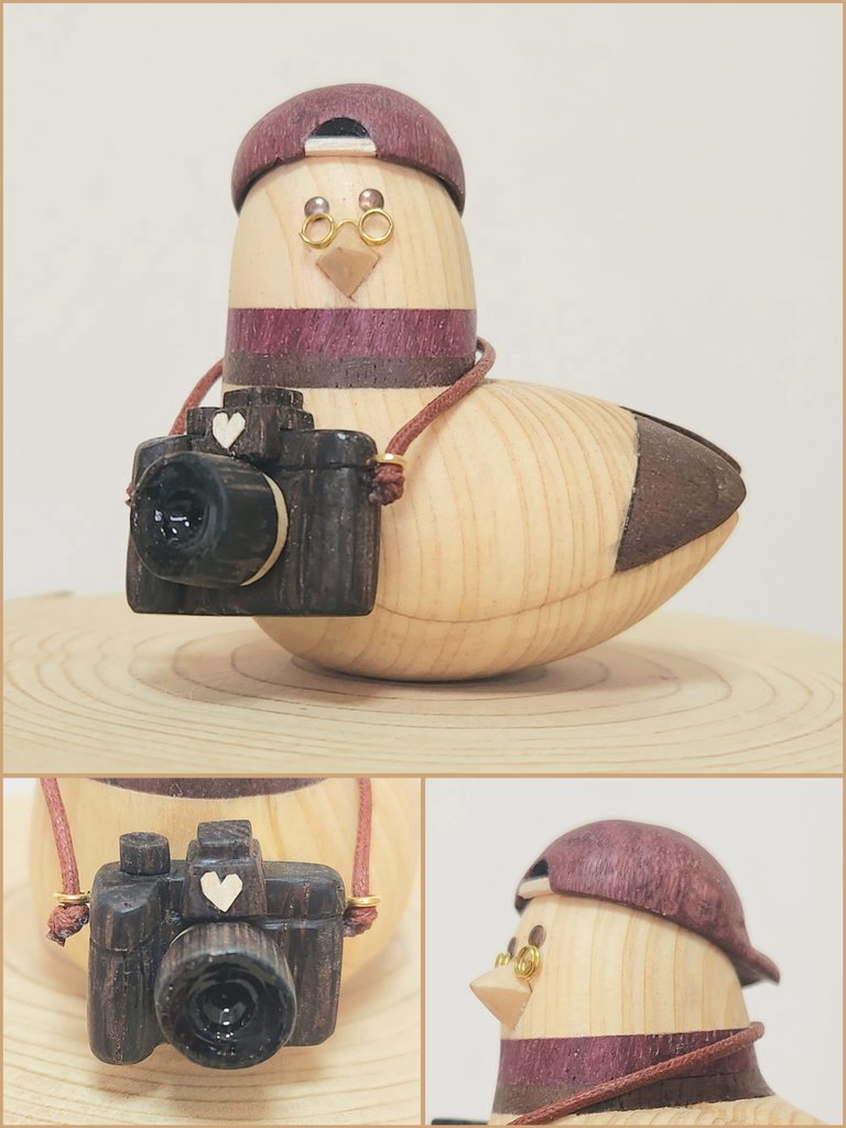 木彫り鳩のはーとさんのお友達 『はーとさんフレンズ』 【No.31】しゃしんかさん ハートマークのカメラで日常のステキな一瞬を切り取るよ📸 帽子はツバを後ろにするのがこだわり🧡