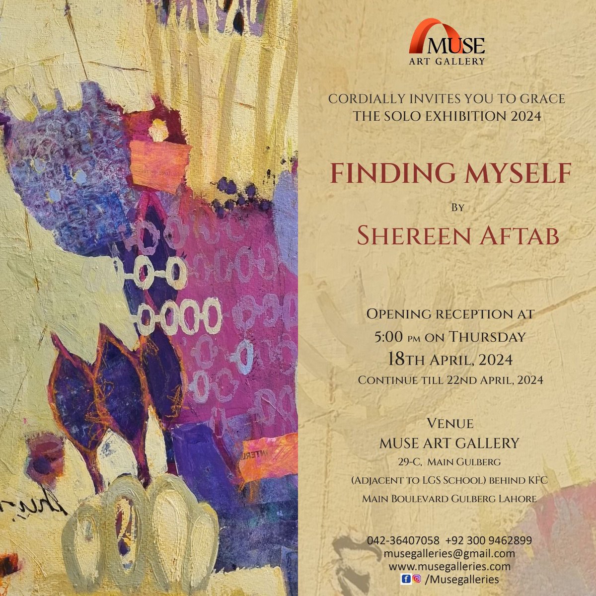 If you’re in Lahore drop by and visit my mom’s (up and coming contemporary abstract artist) solo show at Muse gallery, Gulberg, starting this Thursday, 18th April, running till 22nd April.