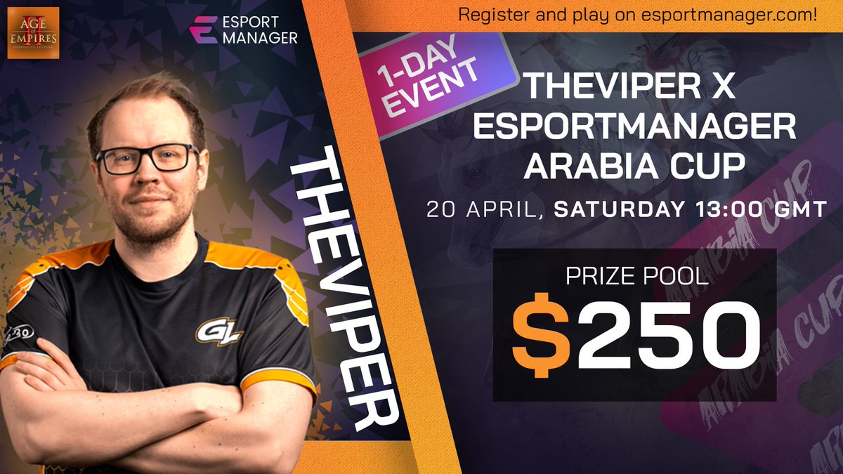 In case you missed it: I'm doing a one day event with @EsportManager_ in one week! Some classic Huns war settings with some mix as one gets further! Sign up here: esportmanager.com/signup/TheViper Join the tourney: esportmanager.com/games/aoe2