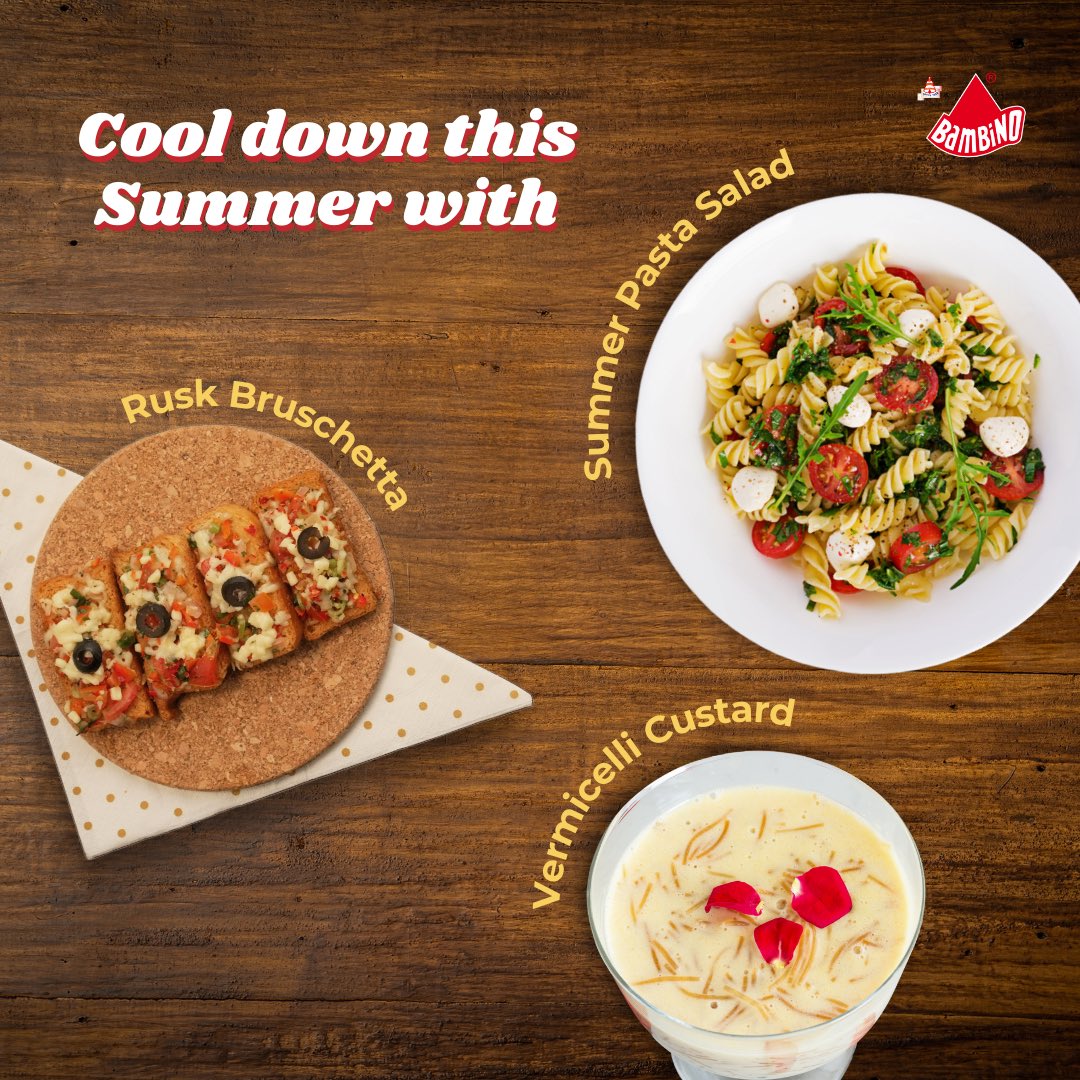 Cold scrumptious food to beat the summer heat! ☀️

#Bambino #BambinoPasta #ColdFood #ColdSalad #Custard #VermicelliCustard #Bruschetta  #Falooda #Curd #PastaSalad #Salad #Summer #SummerFoods