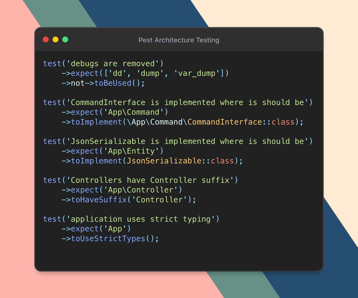 PestPHP architecture testing has helped me with my sloppy habits. 🐞Forgotten debugs in the code. 👩‍🏫Remembering `declare(strict_types=1);` etc. 👷‍♂️Ensuring classes implement the interfaces they’re supposed to. You can watch me do this here  👇 youtu.be/ZidLP7TqXnc