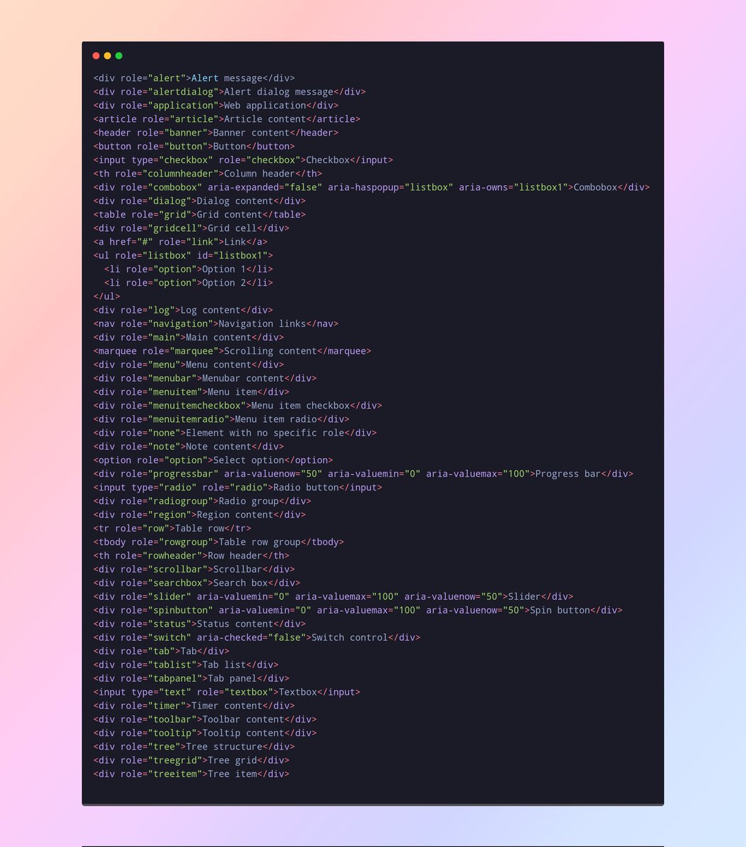 lokeshkavisth's tweet image. In #HTML5 you can add ARIA roles to improve the accessibility and provide additional semantic information. Here are some commonly used ARIA roles in HTML5:
#Accessibility #semanticHTML