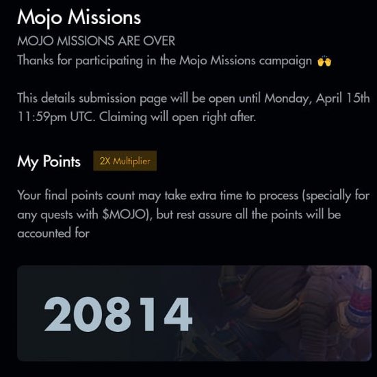 Otr223's tweet photo. MOJO MISSIONS HAVE OFFICIALLY CONCLUDED 🪐 $MOJO @WeArePlanetMojo 

Wallet submission page is NOW live until MONDAY  PM UTC!

submit your EVM wallet on this page to be eligible For rewards : https://t.co/5xC7FcOHEU

LETS FARM $PARAM $BUBBLE $TRIP $BEYOND https://t.co/Ec5Xszj5qo