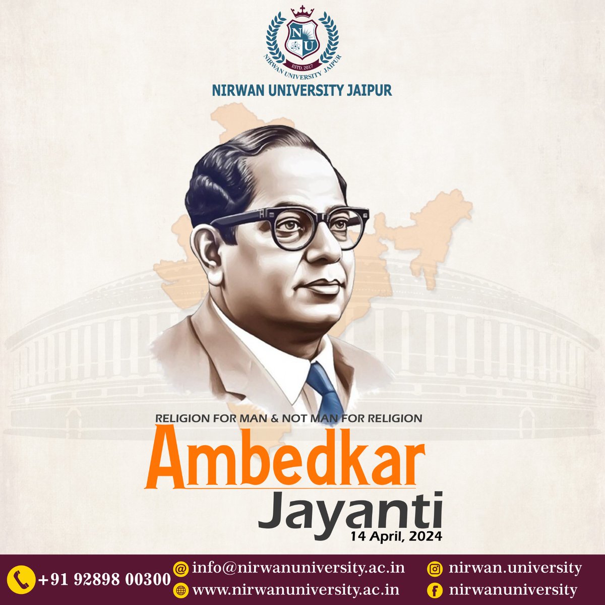 Happy Ambedkar Jayanti to everyone commemorating the birth anniversary of Dr. B.R. Ambedkar! Let's honor his legacy of social justice, equality, and empowerment for all. #AmbedkarJayanti #AmbedkarJayanti #EqualityForAll #NirwanUniversityJaipur #AdmissionsOpen #DreamCareer