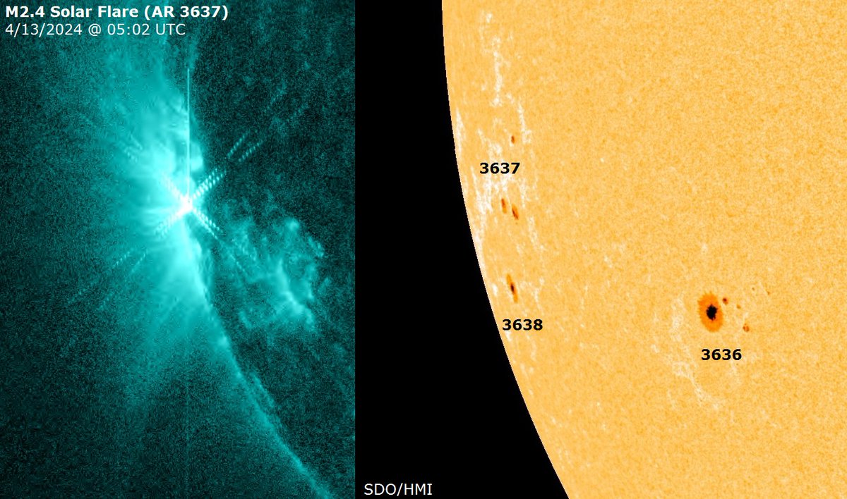 An impulsive M2.4 solar flare was detected this morning at 05:02 UTC (Apr 13). The source was old region 3615, now turning into view off the SE limb. The region appears to have decayed heavily while on the farside of the Sun. SolarHam.com