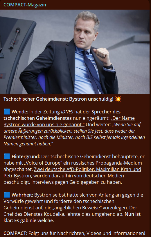 Tschechischer Geheimdienst: Bystron unschuldig! 💥 💙💙💙 t.me/CompactMagazin…