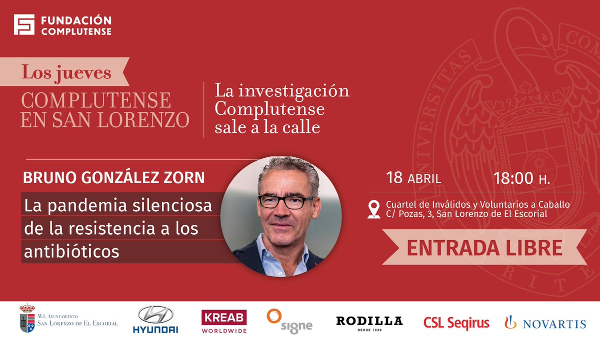 ¡No te pierdas una nueva jornada de los #JuevesComplutense en San Lorenzo de El Escorial! Esta semana, @_bgzorn_ nos adentrará en 'La pandemia silenciosa de la resistencia a los antibióticos'. 🗓️ 18 de abril a las 18:00 h 👉ENTRADA LIBRE Inscríbete en 👇 ucm.es/sedesanlorenzo/