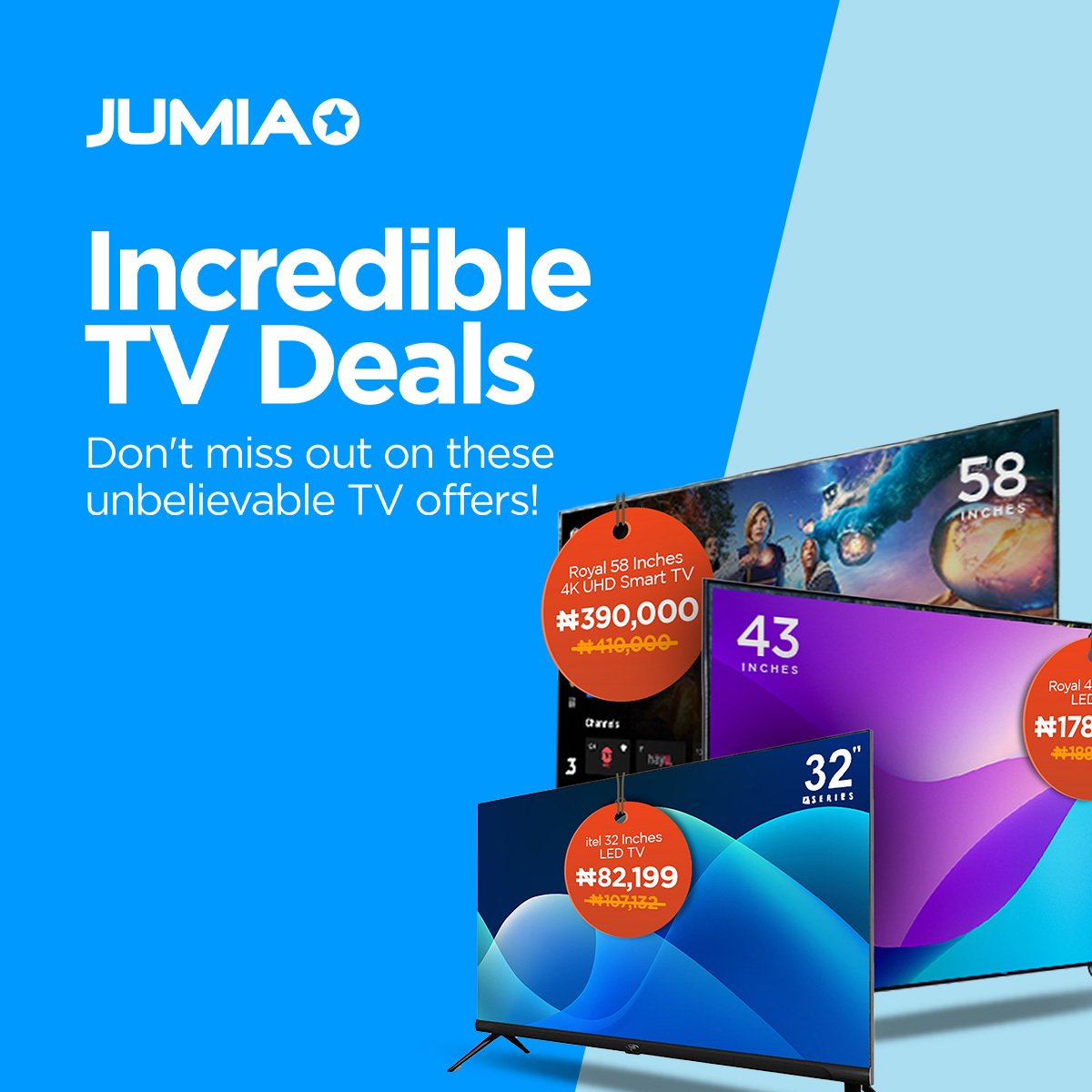 Thinking of upgrading your Tv?
We got you covered.

 Check out the best deals on televisions..Click to get started 
👇

kol.jumia.com/s/Q7kx75B

#Jumiakolprogram #JumiaNigeria    #AffiliateMarketing #Saturday