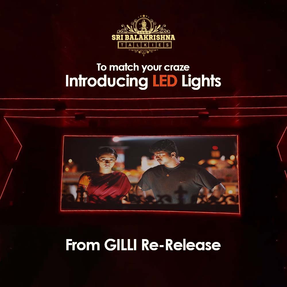 Blasting Screen from April 20th 2024.
Get Ready for the Epic Celebration at Sri Balakrishna Talkies. Introducing LED Lights for the first time ever in our SBK Talkies. We heard what you asked...!
Release la Sandhipom
#GhilliReRelease #ReRelease #April20th #LEDLights