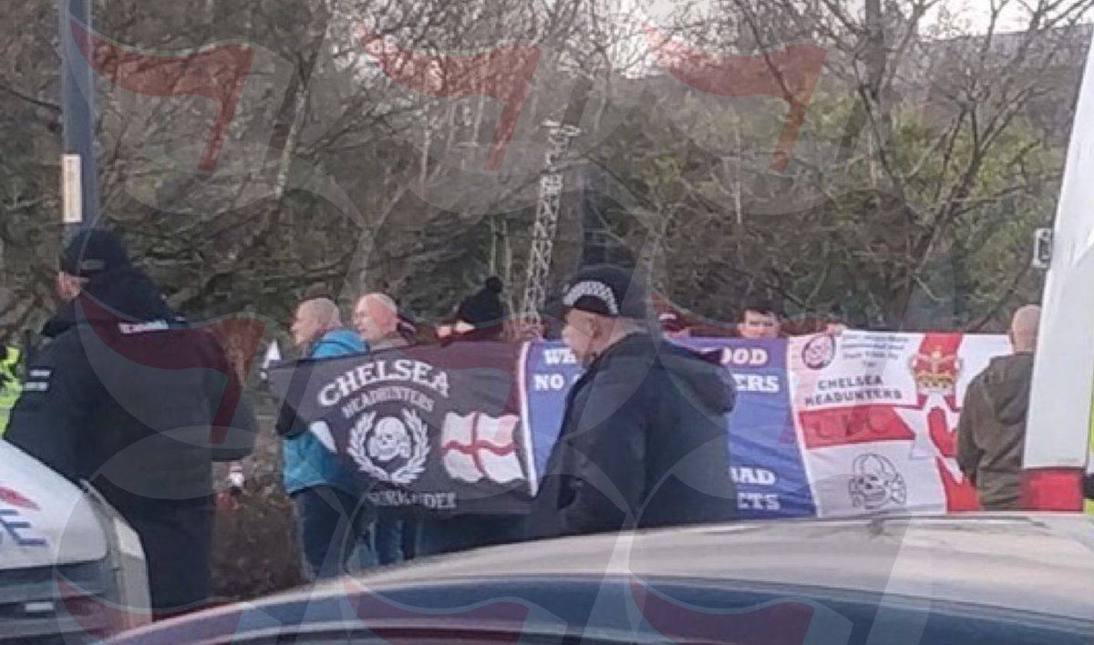 Often it’s the extremes within the wider far right that use explicit Nazi imagery though sometimes people use lesser known symbols as a wink to other fascists. Groups will use symbols & try to normalise them. E.G: below is from both Rangers & Chelsea fans using Tötenkopfs. 6/