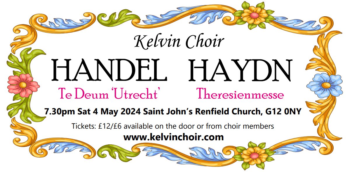 FOR YOUR DIARY! @KelvinChoir1 ‘s Spring Concert on May 4th at @sjrchurch .  Handel’s Te Deum and Haydn’s Theresienemesse under the guidance  of Musical Director @TiffanyBVong and accompanied by @GCOGlasgow .
@WhatsOnGlasgow #ChoralMusic