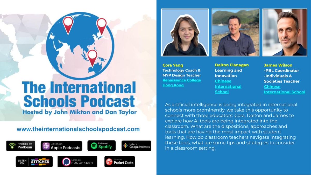 An opportunity to learn #AIEdu in international schools @CoraEdTech @desertclimber James Wilson @appdkt how educators are reacting & working with AI tools available-what are the dispositions to consider how to find the time: theinternationalschoolspodcast.com #internationalschoolspodcast