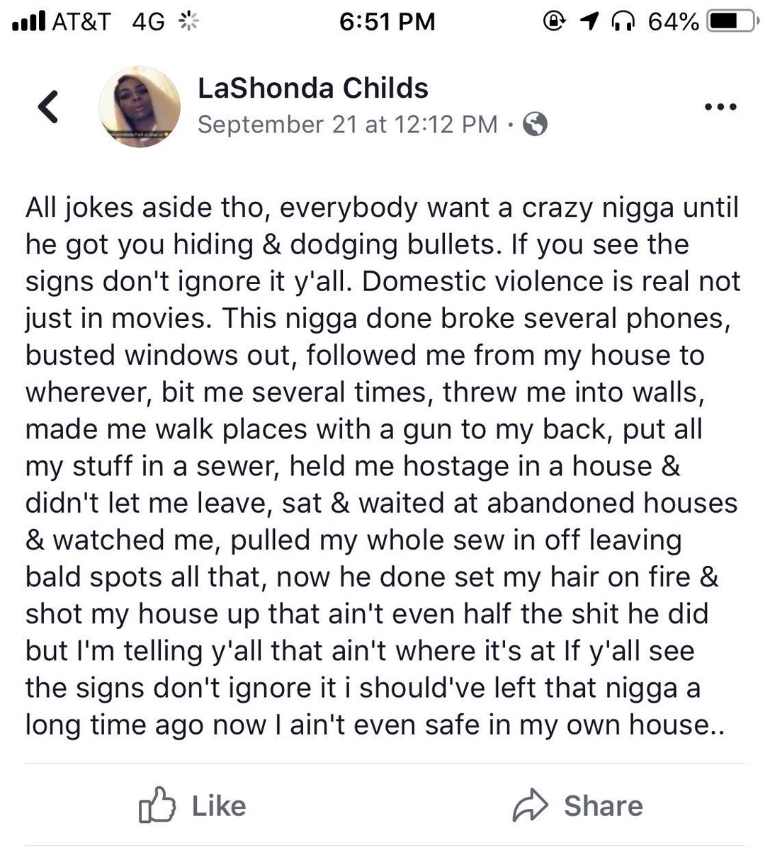 WinnieSchola's tweet photo. @Morbidful It’s so bad that our government can’t protect us

Lashonda Childs made this post a week and a half ago. Today she died after being shot by that same man. She was literally crying out for help this is absolutely heart breaking. https://t.co/m5frstf67Q