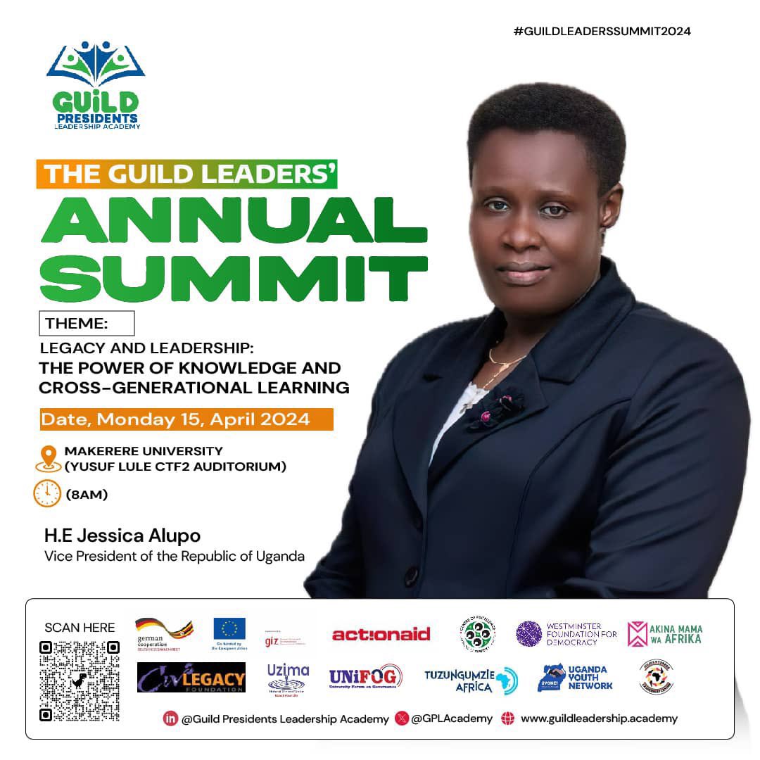 The Vice President H.E @jessica_alupo will be part of the #GuildLeadersSummit2024 on Monday 15th at Yusufu Lule Auditorium @Makerere . It will be a grate time for us hearing and learning from you Madam President. @WFD_Democracy @amwaafrika @GPLAcademy