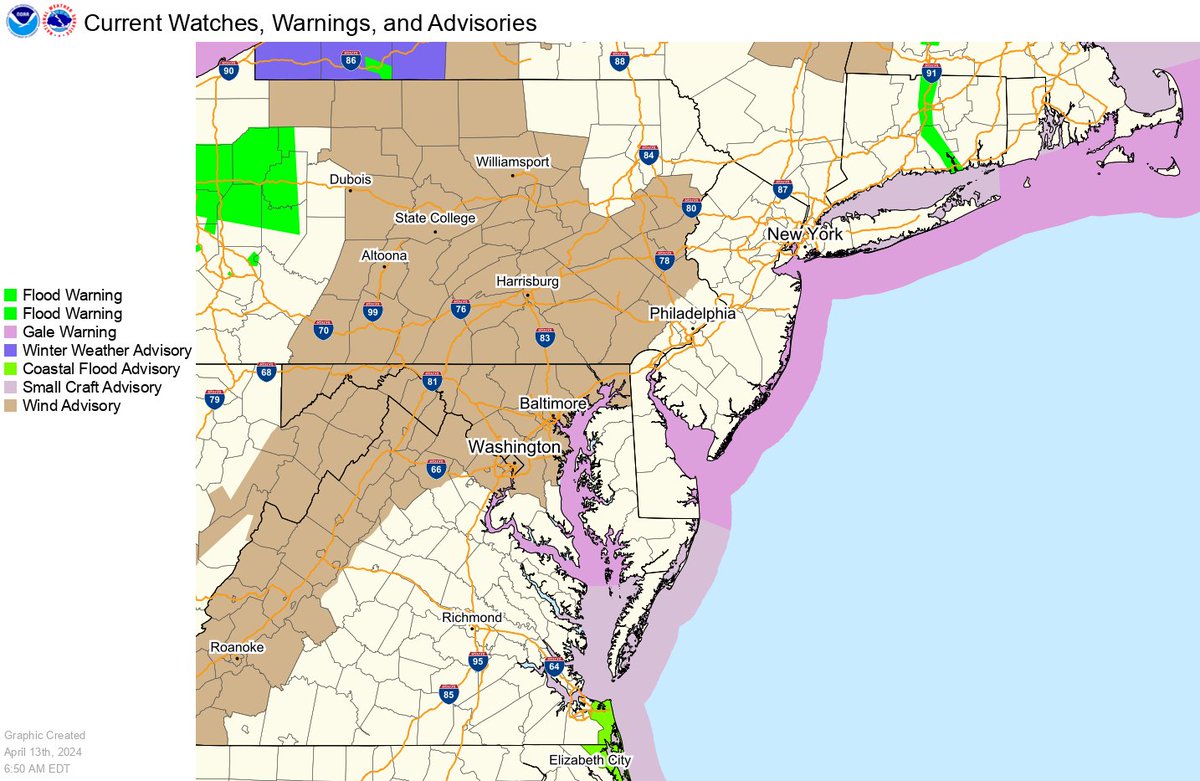 Wind advisory for most of the region today. Gusts between 40 and 50 mph possible, strongest midday and afternoon. Forecast details: washingtonpost.com/weather/2024/0…