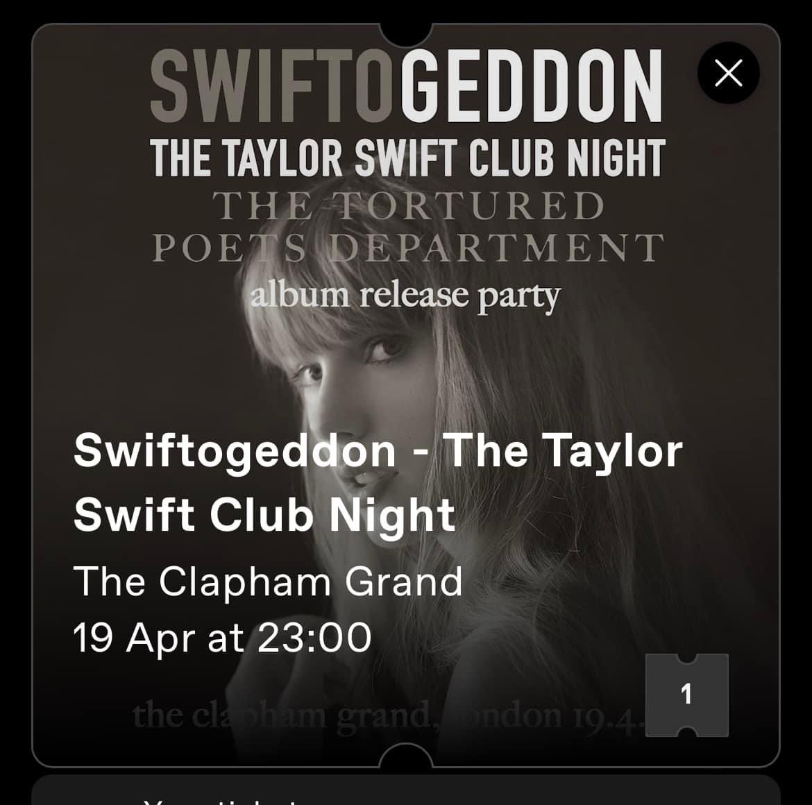 *ISO* 

Hi all! 
Desperately looking for a ticket to SWIFTOGEDDON’s TTPD release party next Friday in London (Clapham) so my Session bestie & I can go together.   If anyone has a ticket looking to sell, please DM me! 

Thank you. ❤️ #Swiftogeddon #TTPD #ISO @swiftogeddon