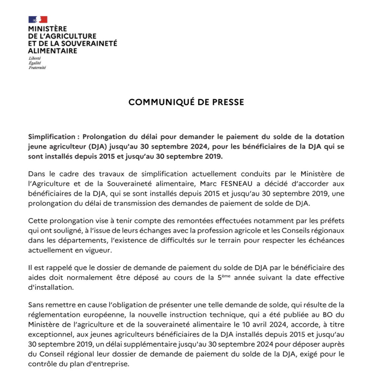 Nous continuons de simplifier concrètement le quotidien des jeunes qui font le choix de s'engager dans l'agriculture. @Agri_Gouv s'y était engagé, les agriculteurs installés entre 2015 et 2019 bénéficieront d'une prolongation du délai de transmission des demandes de paiement du…