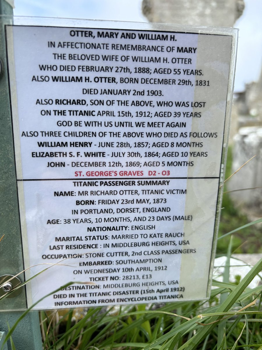 112 years ago today, Richard Otter died on the Titanic. His memorial is in St George’s graveyard, Portland, Dorset.