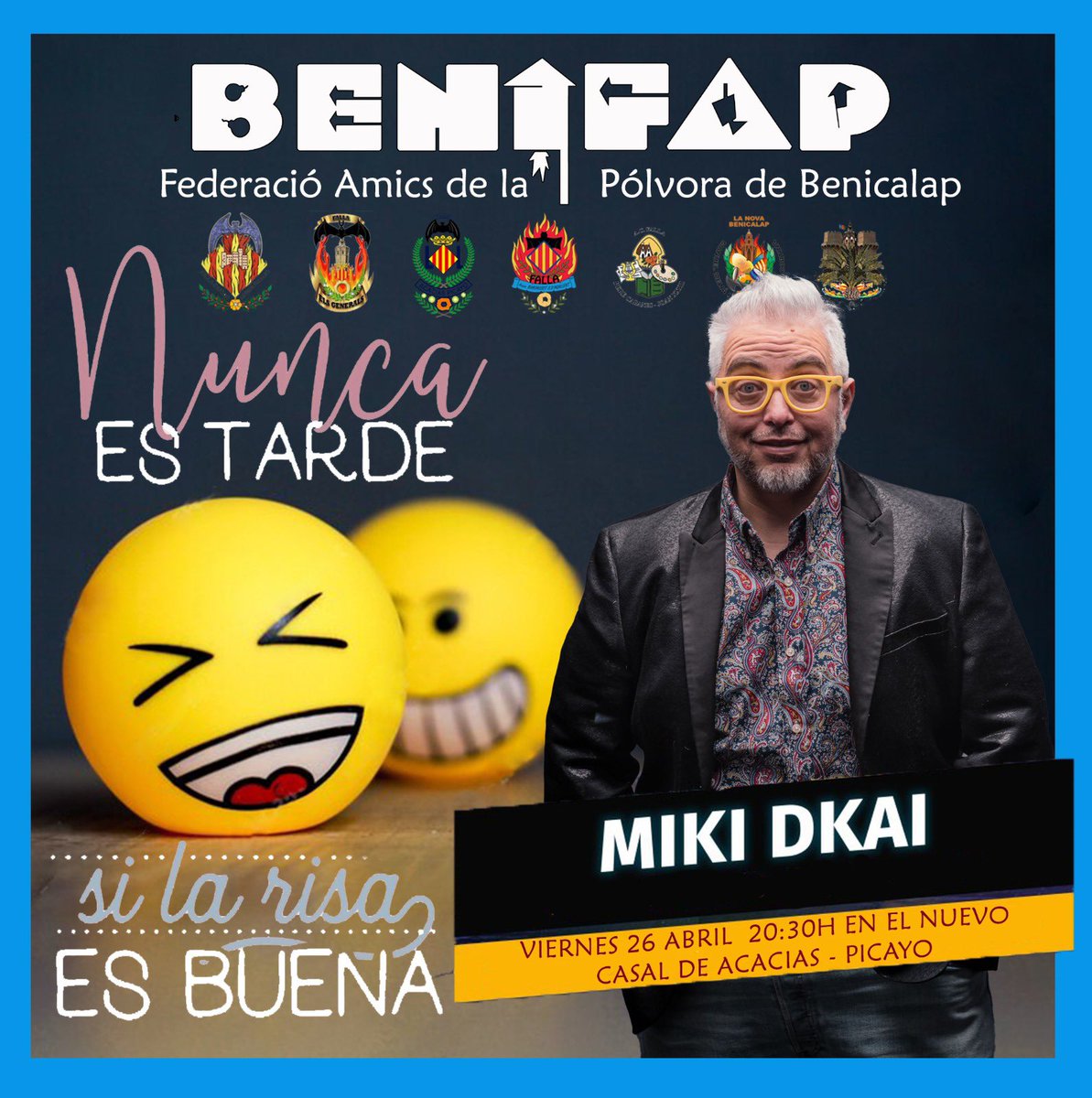 Falla374's tweet image. Monólogo de Miki Dkai de la mano de 💥 BENIFAP:

🗓️ Viernes 26 de abril, a las 20.30 horas. El espectáculo durará aprox 2h con intermedio para cenar.
📍 Casal de Acacias-Picayo

✅ Toda persona interesada en disfrutar de las risas, que nos avise por privado