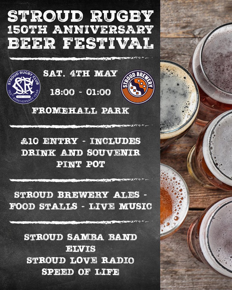 RUGBY & BEER FESTIVAL On Saturday 4th May we are set to enjoy a festival of rugby, followed by a festival of beer! Come and join us for an thrilling day of rugby, music, food, and fantastic local beers! #proudtobestroud #thefutureisbright #thefutureisblueandwhite