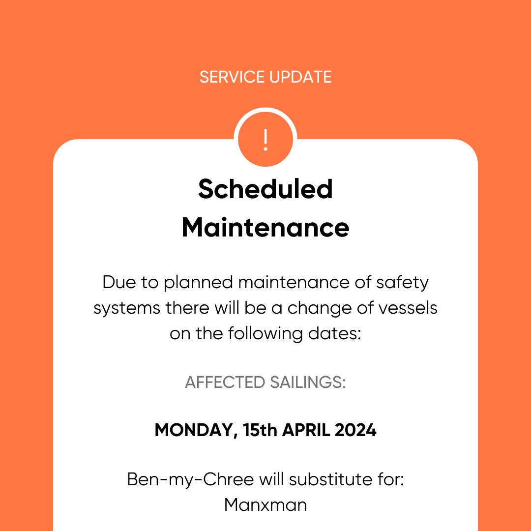 SERVICE UPDATE: Please note that due to planned maintenance of safety equipment, Ben-my-Chree will operate Manxman's daytime sailings to and from Heysham on Monday 15th April. See steam-packet.com/latestsailings