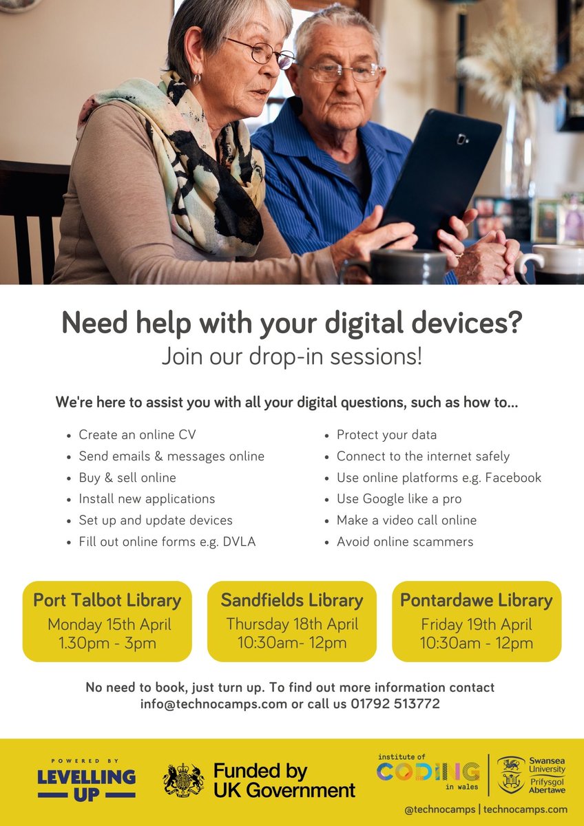 📱 Want to learn how to make a video call? Join our FREE drop-in sessions to ask all your digital questions! ⬇️ @PorTalbotLib 🗓️Mon 15th April ⏰1.30pm - 3pm Sandfields Library 🗓️ Thurs 18th April ⏰ 10:30am - 12pm @pontylibrary 🗓️Fri 19th April ⏰ 10:30am - 12pm