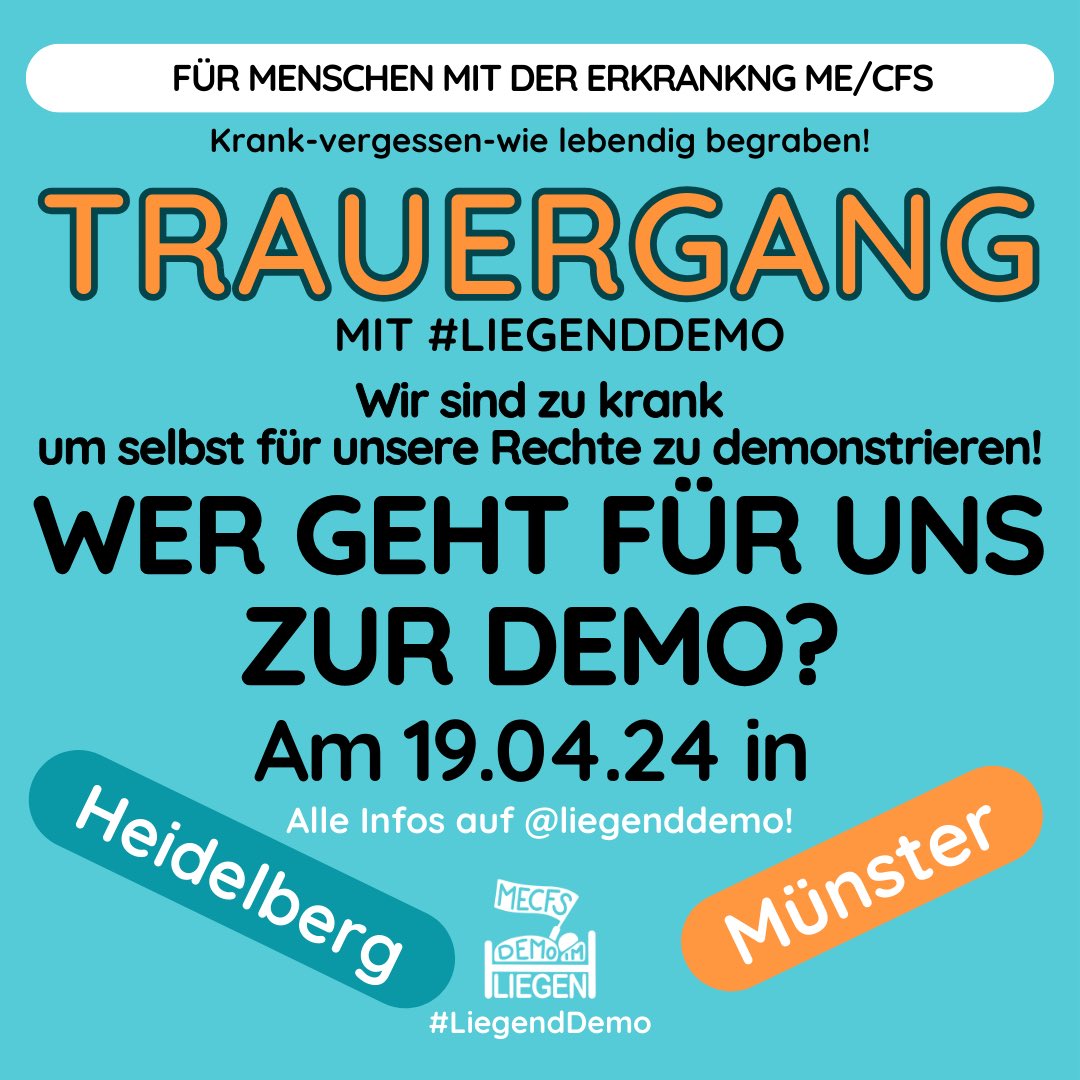 ❗️Wer geht für uns in #Münster und #Heidelberg zur Demo? 🙏💙 Wir suchen ganz dringend Stellvertreter*Innen für #MECFS betroffene Menschen, die zu krank sind, um selbst für ihre Rechte zu demonstrieren. ⬇️ #liegenddemo #trauergang