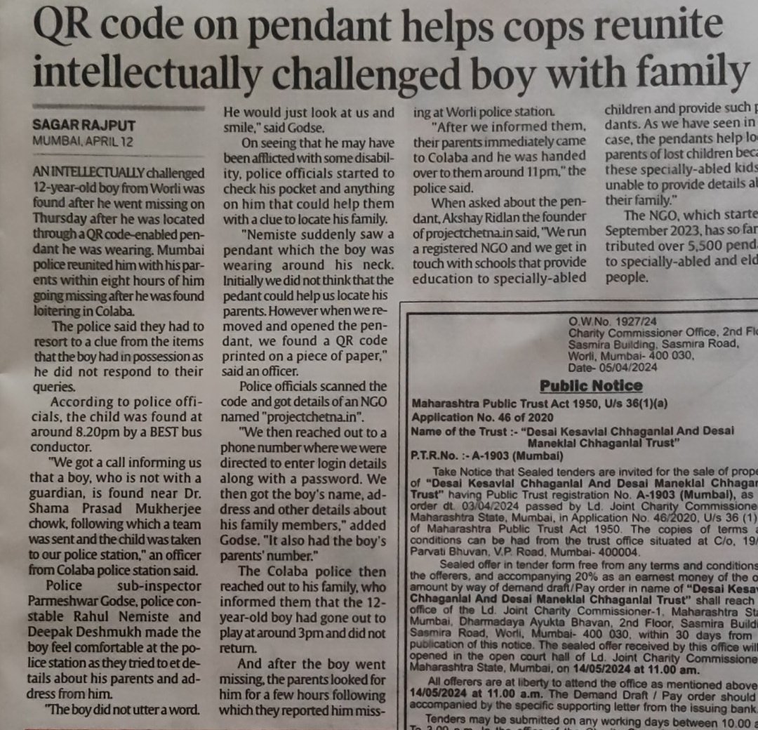 A specially abled boy was found loitering in Colaba after eight hours of him going missing. The boy was specially abled and could not say anything about his family.
Thanks to a pendle tied around his neck. When police opened it, it found a QR code printed on a piece of paper.