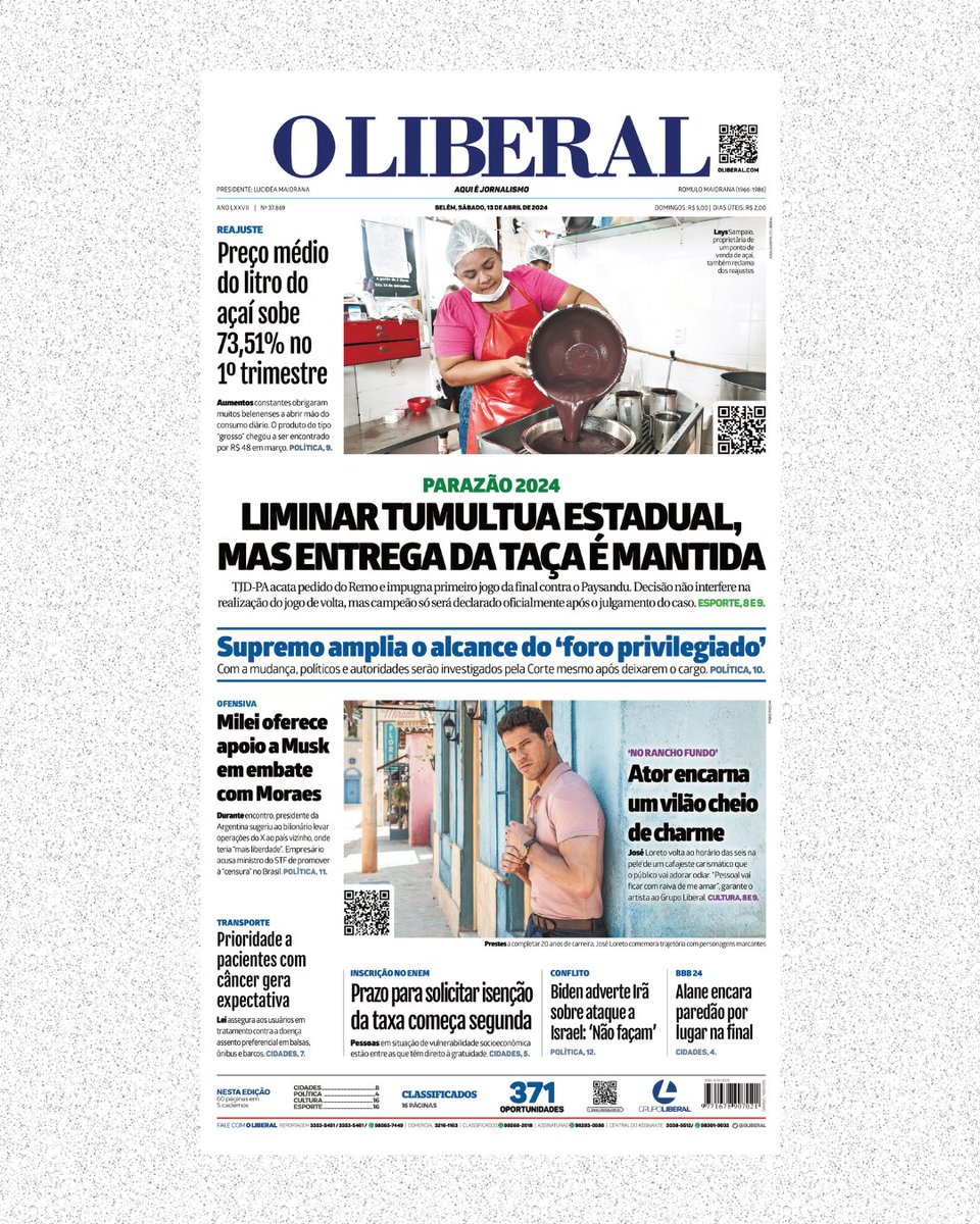 oliberal's tweet photo. 🗞️ Olá, seguidor!
Esta é a capa do Jornal O Liberal deste sábado (13).
Acesse em https://t.co/DT9Gj38UoH
#oliberal #grupoliberal https://t.co/i8xUu3mnse
